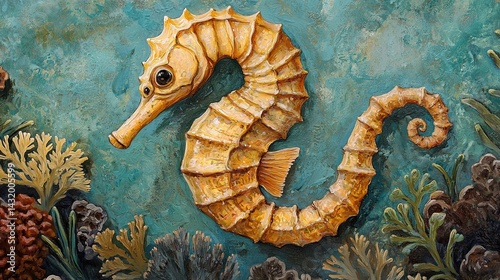 Delicate seahorse embracing coral reef underwater scene marine art vibrant ocean close-up nature's beauty
