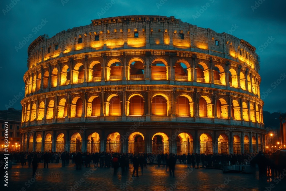 Naklejka premium Illuminated ancient structure at dusk showcasing historical architecture with warm lighting an