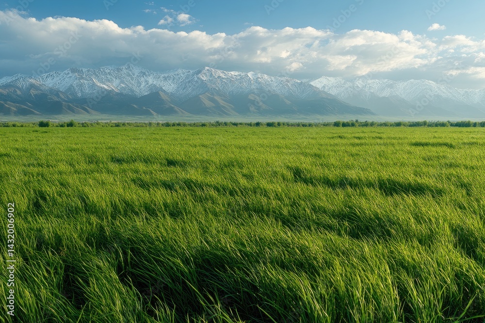 Fototapeta premium A vast expanse of vibrant green grass stretches under a majestic mountain range.