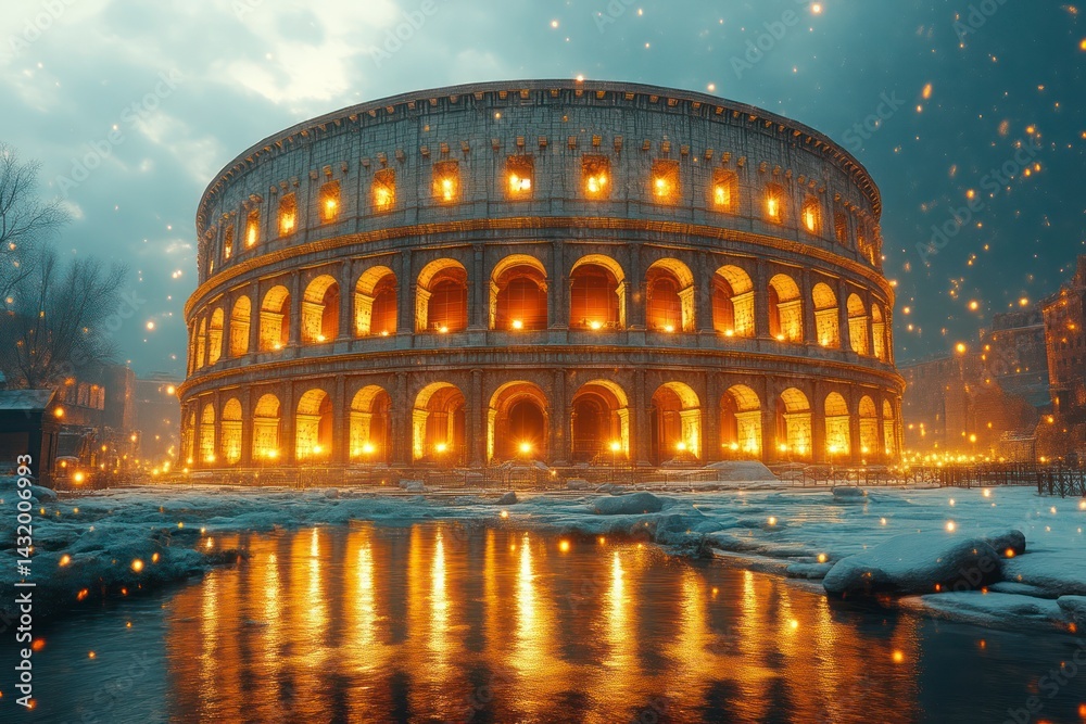 Naklejka premium Illuminated ancient structure glowing warmly against a snowy starry night sky