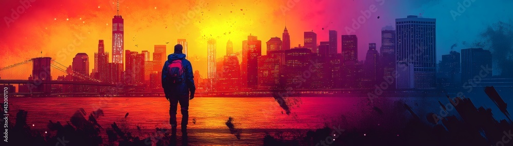 Fototapeta premium Silhouette of a person overlooking a city skyline at sunset