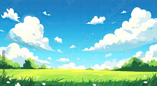 A vibrant illustration of a sunny meadow landscape.