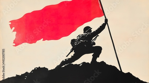 Wartime propaganda poster depicting soldier with flag historical context graphic design bold imagery powerful message