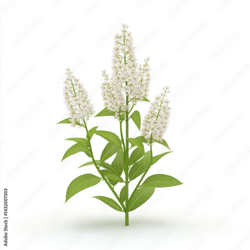Fototapeta premium White flower clusters on a leafy plant stem.