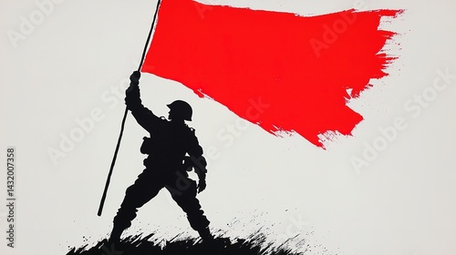 Wartime propaganda poster featuring soldier with red flag historical context graphic art bold visuals evocative message
