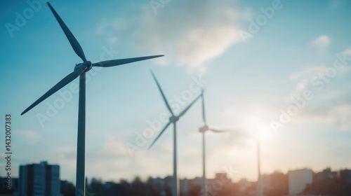 Wind turbines generate renewable energy clean power green technology against blue sky
