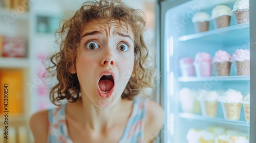 Woman's startled expression in front of a cupcake display.