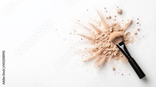 Brown Powder Explosion with Makeup Brush on White Background