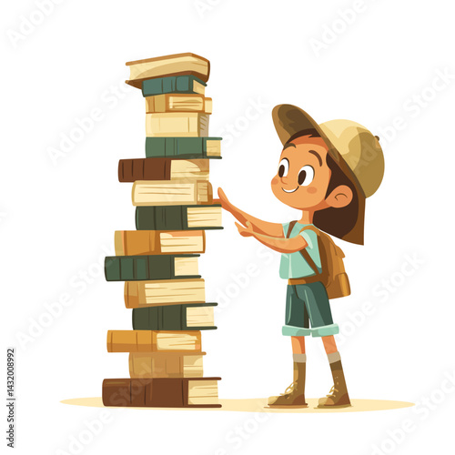 Cartoon vector illustration of a child building a tower of books with a smile on white background.
