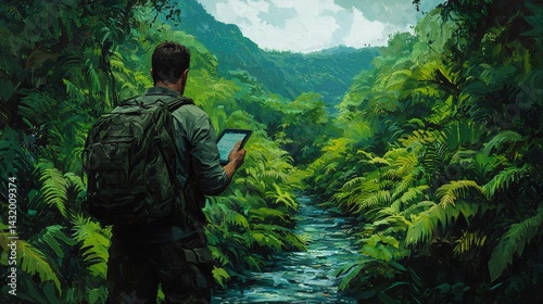Environmental researcher analyzing biodiversity in lush jungle landscape gigapixel detail nature's embrace