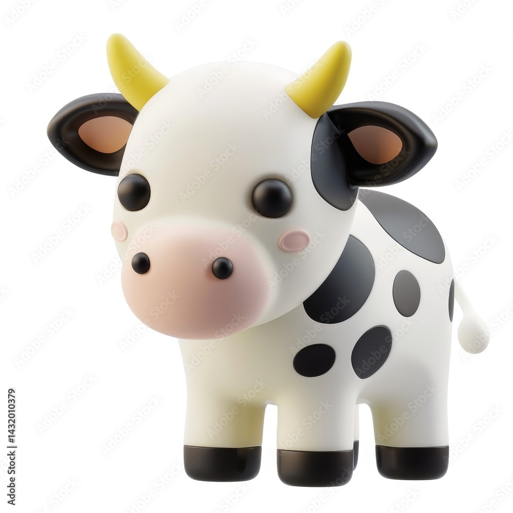 Naklejka premium Cute cartoon cow figurine with large black spots.