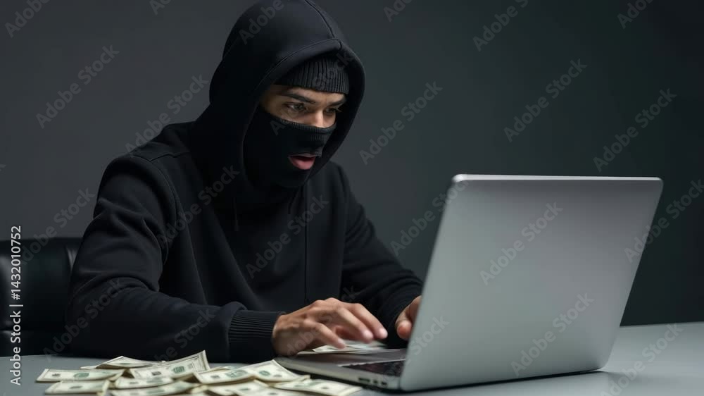 A hacker wearing a balaclava is using a laptop with a pile of money on the table. Concept of: Online financial crime. A hacker wearing a balaclava is using a laptop with a pile of money on the table. Concept of: Online financial crime.