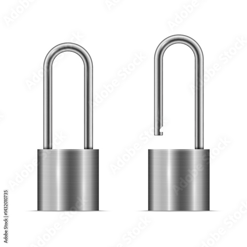 silver locked and unlocked padlock isolated on white background, vector illustration
