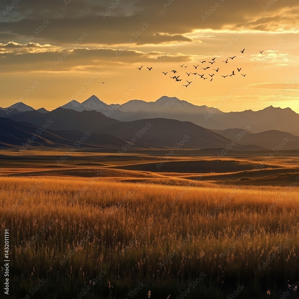 A flock of birds flying over a grassy field with mountains in the background A flock of birds flying over a grassy field with mountains in the background