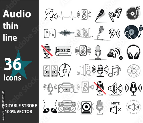 Audio Icons Music Symbols Thin Line Illustrations Black and White Sketches Headphones Microphones Speakers Musical Notes Volume Controls Radio Cassette Tape Vinyl Record Sound Waves Podcast Symbols
