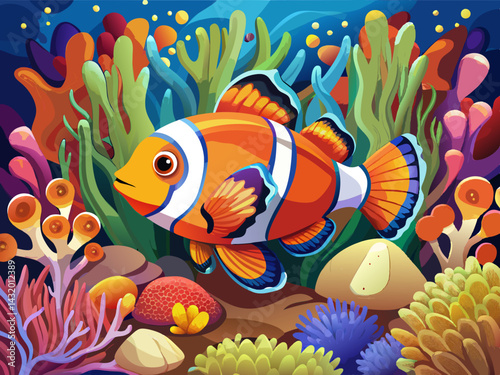 vector of Amphiprion ocellaris fish among underwater corals