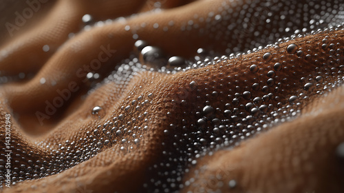 3D rendering of cleaning bubbles penetrating fabric fibers to remove deep stains like blood, coffee, and sauces in ultra-realistic detail.