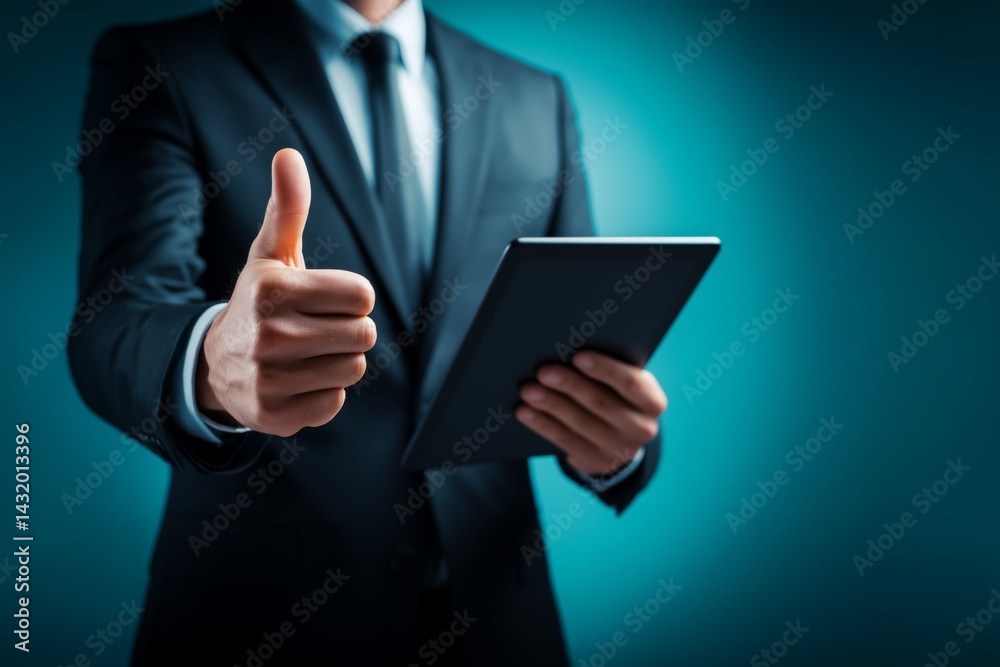 Corporate Professional Giving Thumbs-Up with Tablet