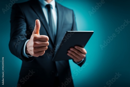 Obraz na płótnie Corporate Professional Giving Thumbs-Up with Tablet w salonie