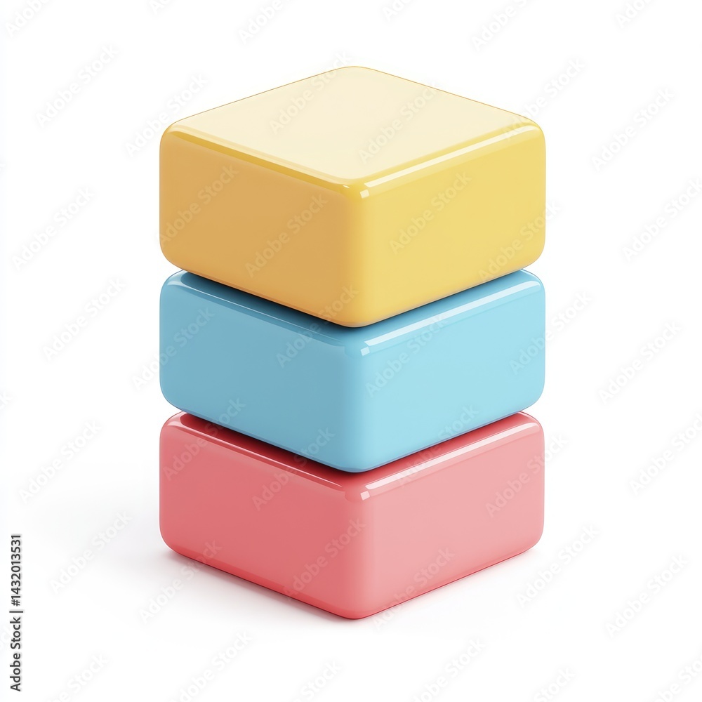 Fototapeta premium Three colorful, stacked, glossy cubes against a white background.