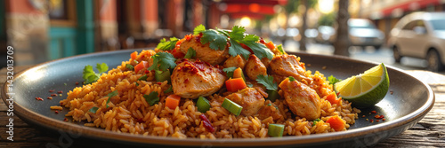 Arroz con poyo Fried rice with chicken pieces, vegetables in spicy sauce on a table in a street cafe, Cuba traditional food