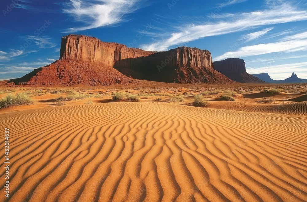 Naklejka premium Vast desert landscape with towering sandstone buttes under a clear sky.