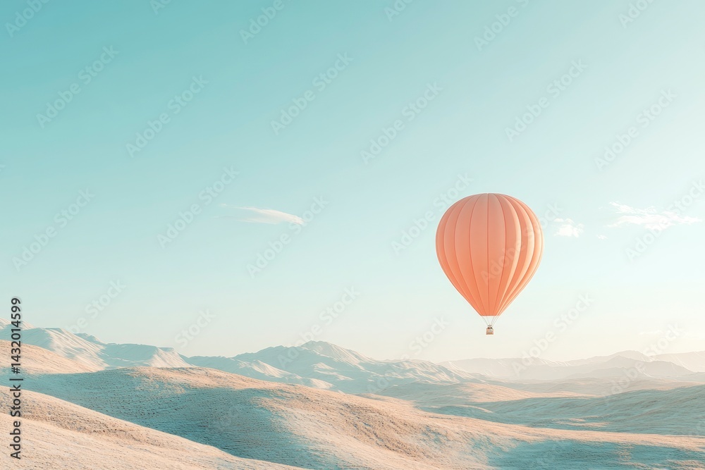 Fototapeta premium Serene Peach Hot Air Balloon Soaring Over Calm Desert Landscape