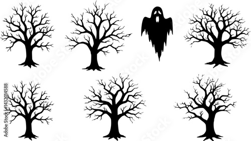 Various illustrations of tree roots and plant growth in a minimalist black and white style
