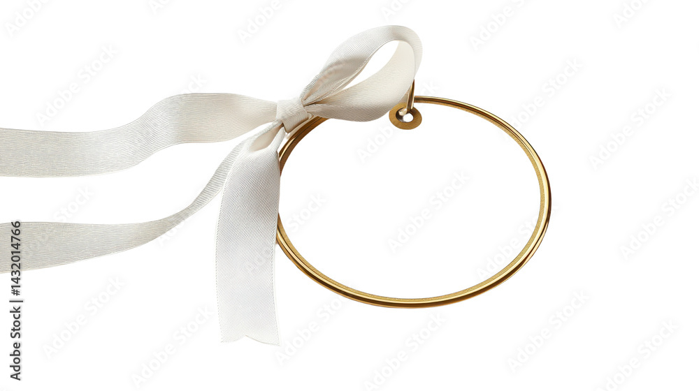 Price tag paper label circle shape with ribbon white gold isolated on white transparent background
