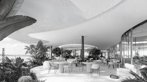 Modern, curved architectural design featuring an outdoor dining area. photo