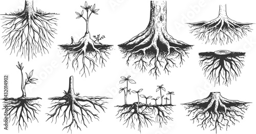 Various illustrations of tree roots and plant growth in a minimalist black and white style
