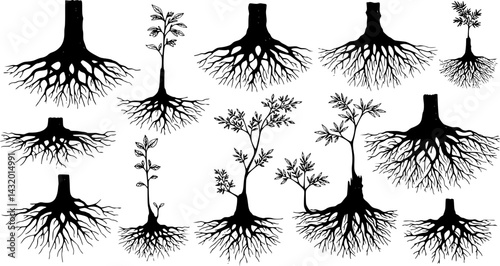 Various illustrations of tree roots and plant growth in a minimalist black and white style
