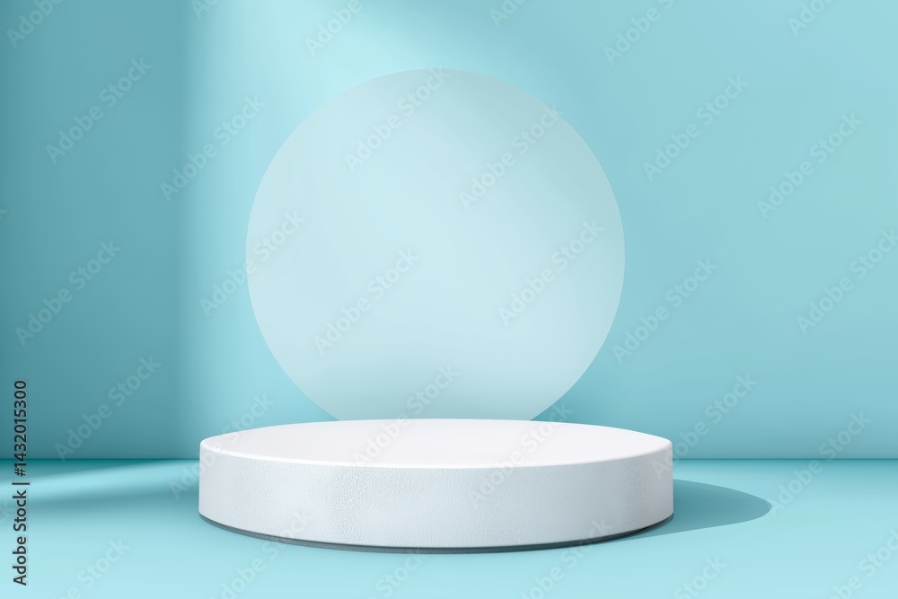 Empty podium, pastel blue backdrop, minimalist