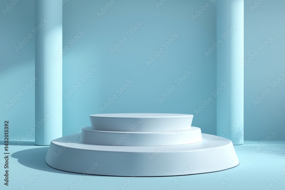 Empty podium, pastel blue backdrop, minimalist