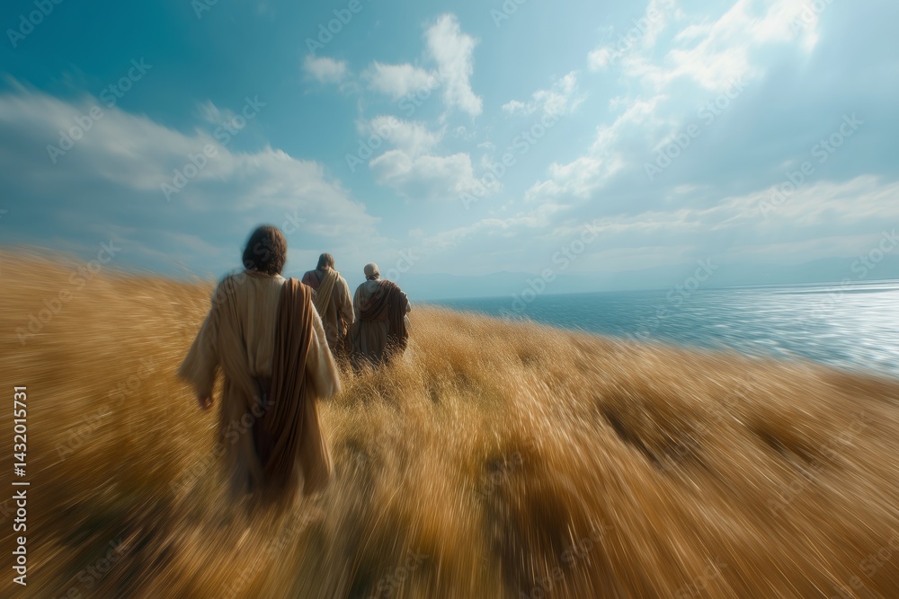Jesus leads disciples, golden autumn meadow