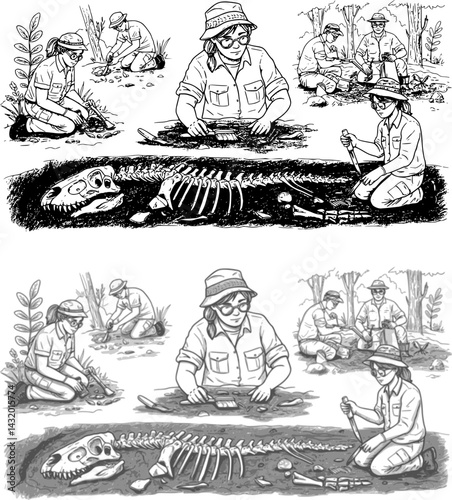 Archaeologist conducting field research while analysing fossil remains at an excavation site in a forested area during daylight hours
