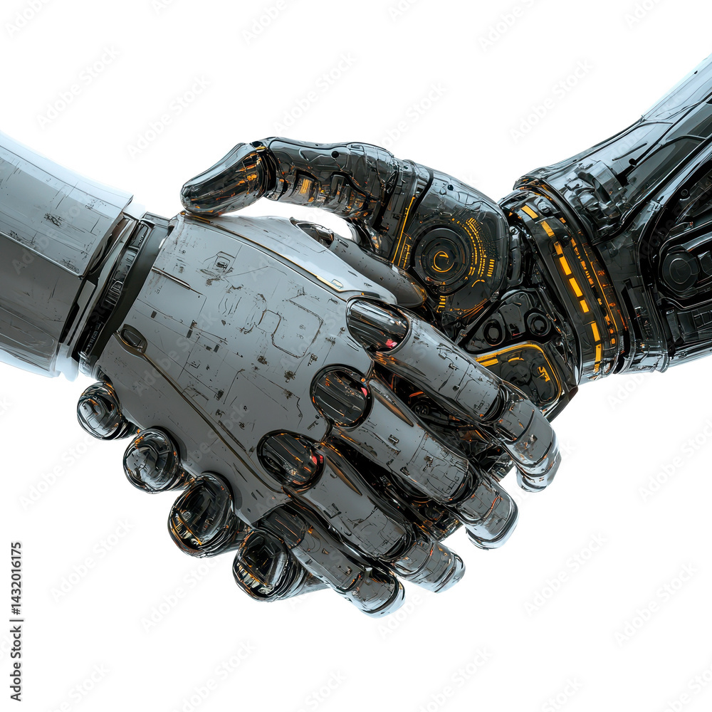 robot handshake isolated on white transparent background