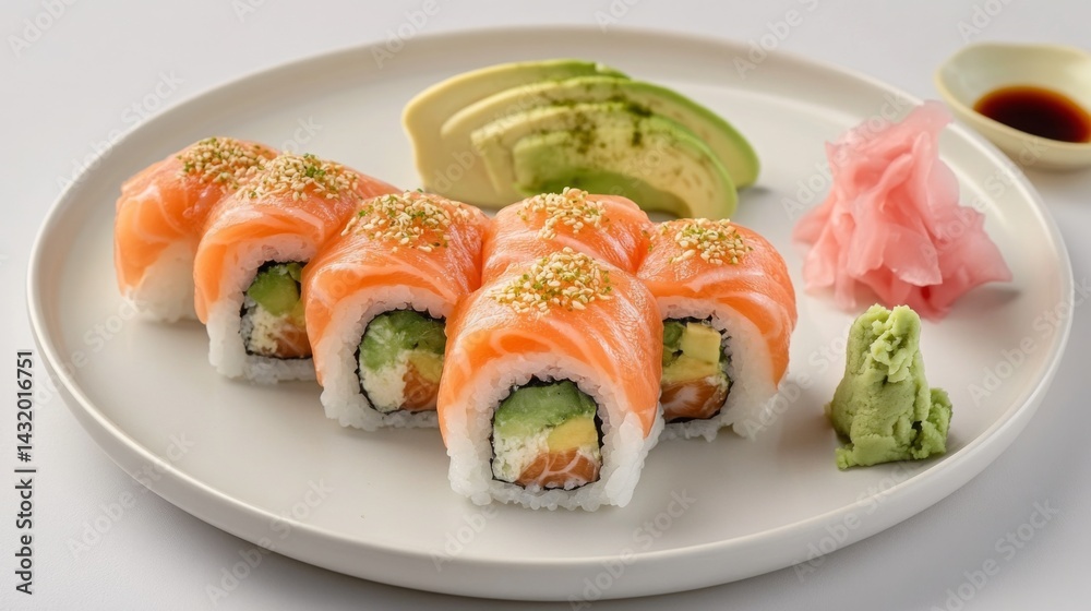 Delicious sushi platter featuring fresh salmon and avocado served with wasabi and pickled ginger Delicious sushi platter featuring fresh salmon and avocado served with wasabi and pickled ginger