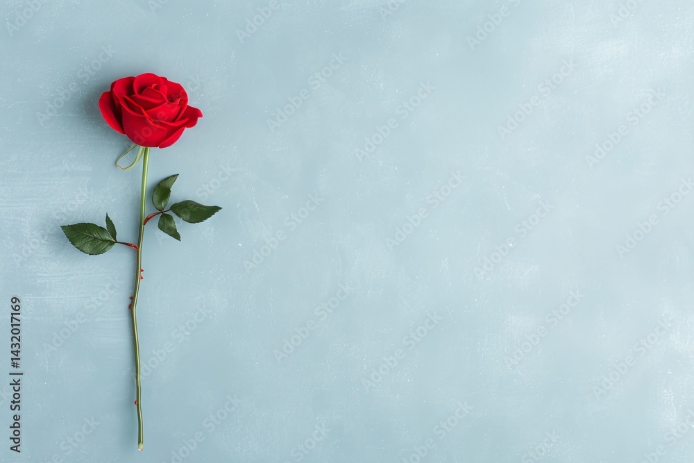 Fototapeta premium Single red rose with green leaves on light blue background, romantic floral minimal composition with copy space for Valentine card, flower branding or love-themed product display