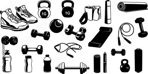 Collection of workout equipment and fitness accessories in a monochrome style suitable for gym enthusiasts and fitness lovers
