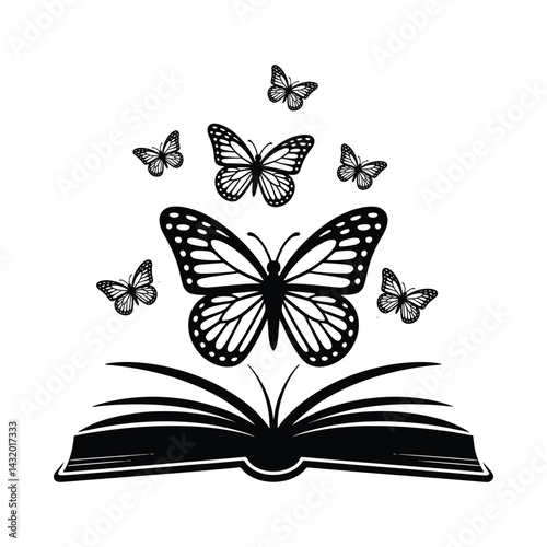 open book silhouette with flying butterflies