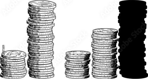 Stacks of coins displayed in two columns showcasing detailed engravings and textures with a focus on monetary themes
