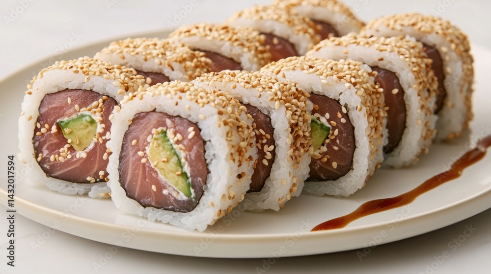 Enjoying freshly made sushi rolls with sesame and avocado served on a plate Enjoying freshly made sushi rolls with sesame and avocado served on a plate