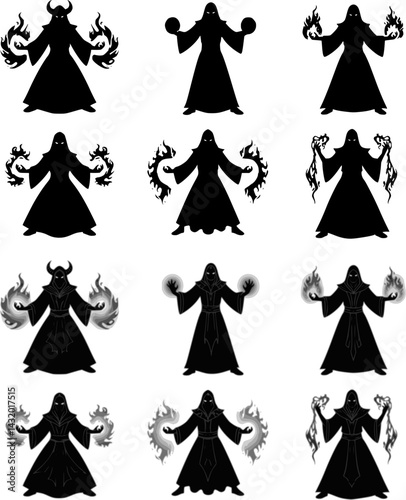 Dark sorcerers wielding mystical energy in a shadowy realm
