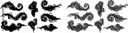 Abstract depiction of swirling smoke patterns from incense sticks in a minimalistic design setting
