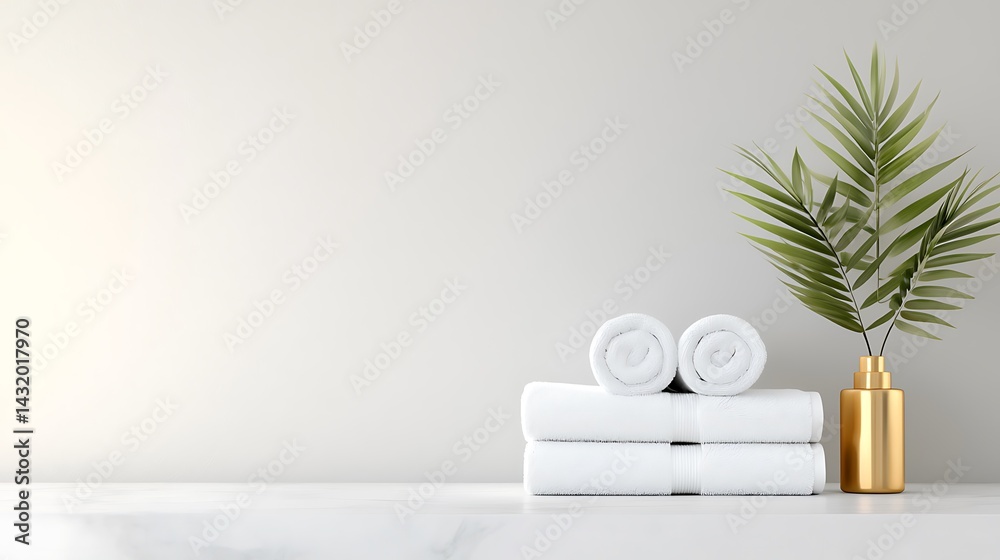 Elegant White Towels on Marble Countertop with Gold Vase and Plant Elegant White Towels on Marble Countertop with Gold Vase and Plant