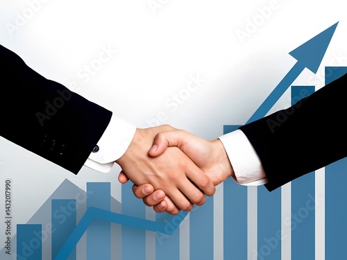 Two business professionals engage in a handshake in front of a graph that shows an upward trend, representing achievement and partnership in corporate growth.