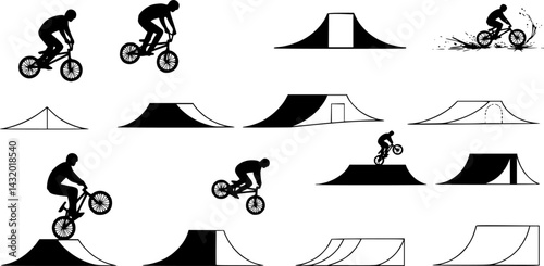 Various bike stunt elements and ramps depicted in a creative, monochromatic design showcasing the excitement of BMX riding
