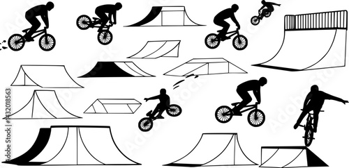 Various bike stunt elements and ramps depicted in a creative, monochromatic design showcasing the excitement of BMX riding
