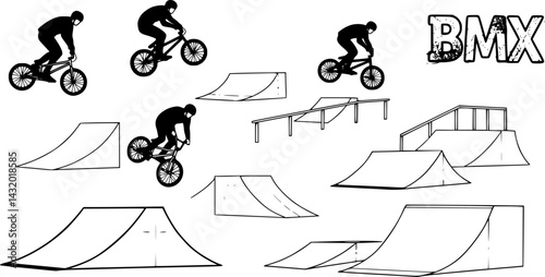 Various bike stunt elements and ramps depicted in a creative, monochromatic design showcasing the excitement of BMX riding

